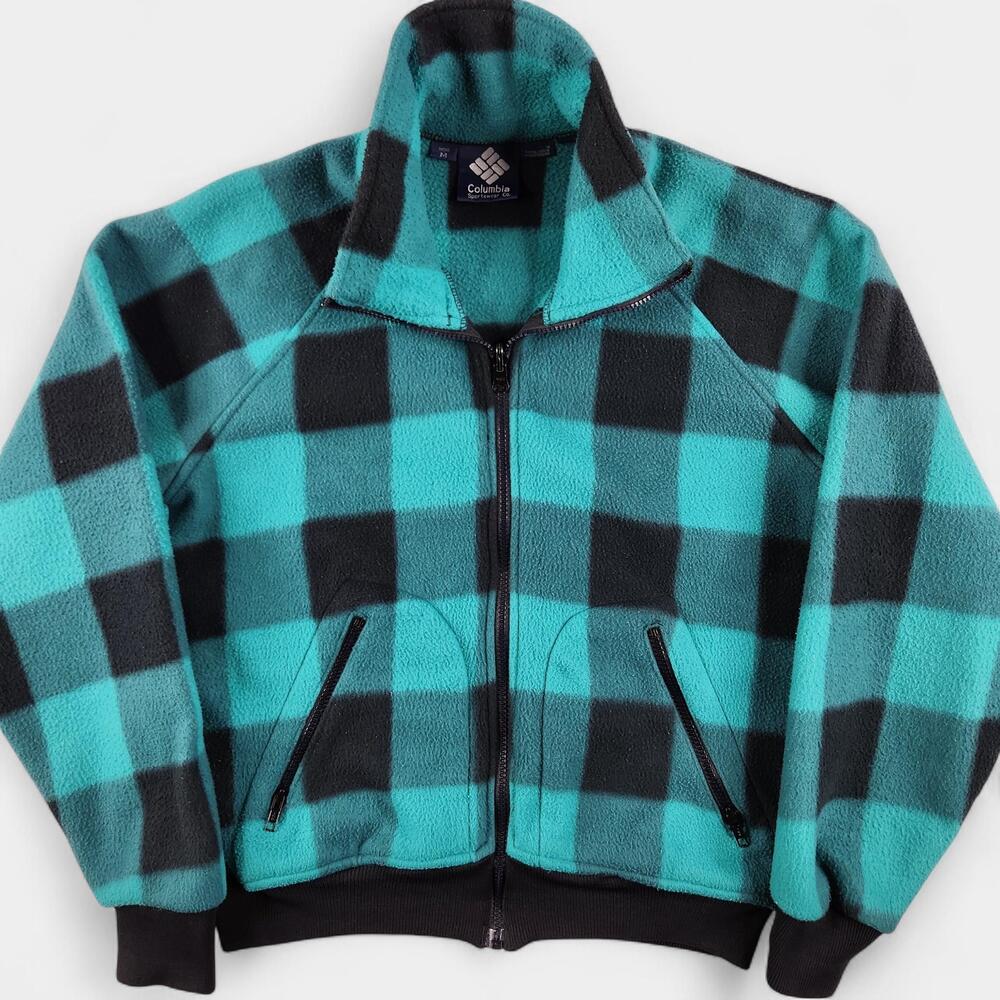 VINTAGE Columbia Jacket Mens Medium Teal Black Fleece Full Zip Buffalo Plaid 90s